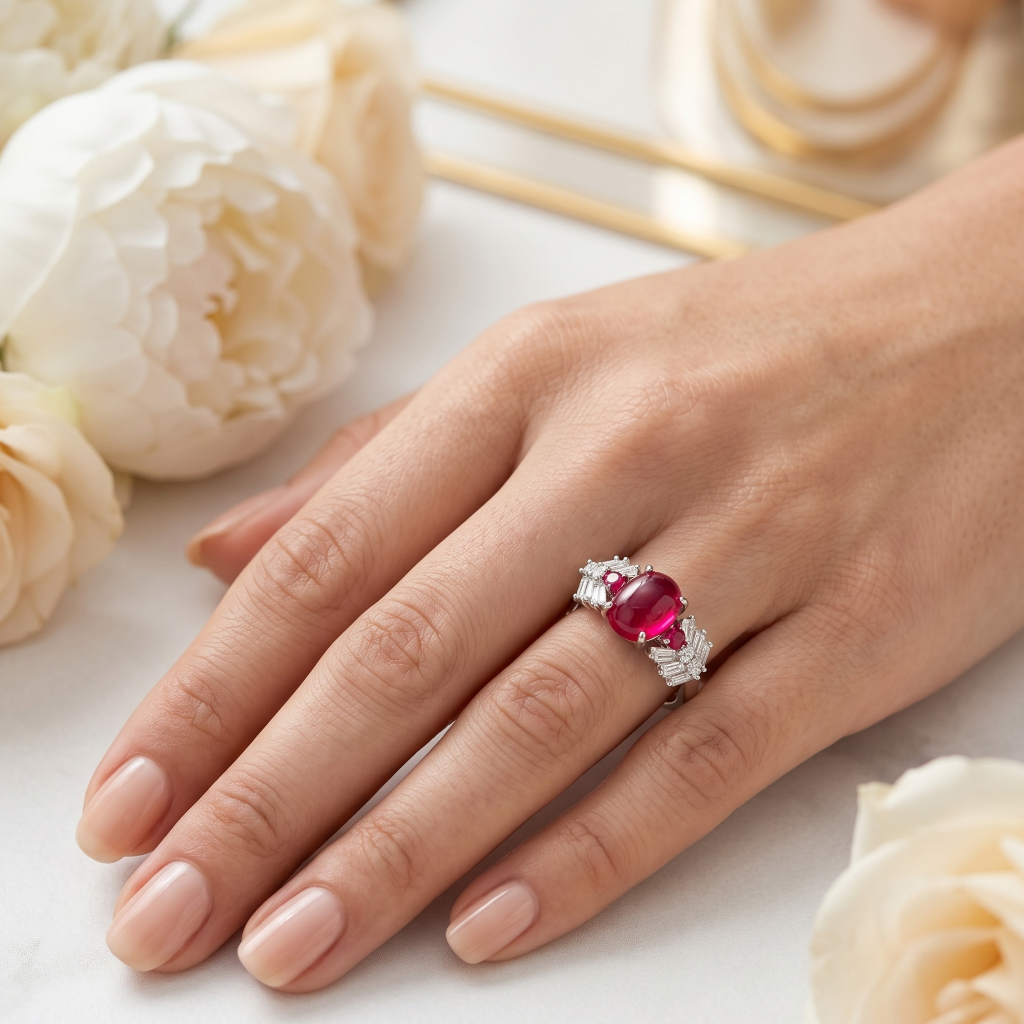 Hand wearing a ring with a red gemstone and diamonds, surrounded by white roses.