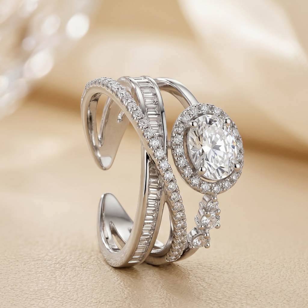 Silver ring with diamond on a beige background