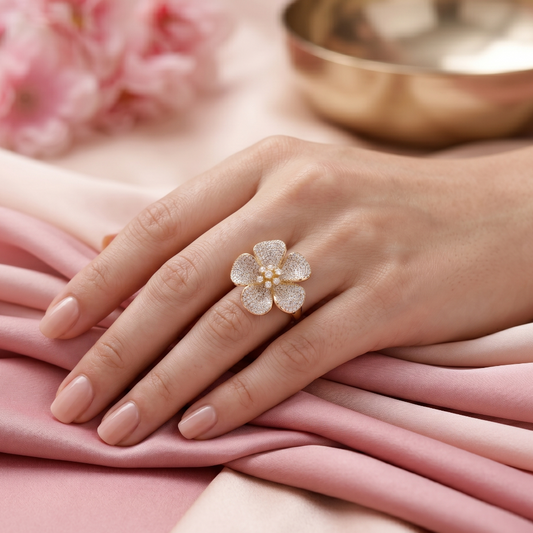 The Flower That Chose To Stay gold floral statement ring featuring sparkling zircon petals and luxury bloom design by Kohizen