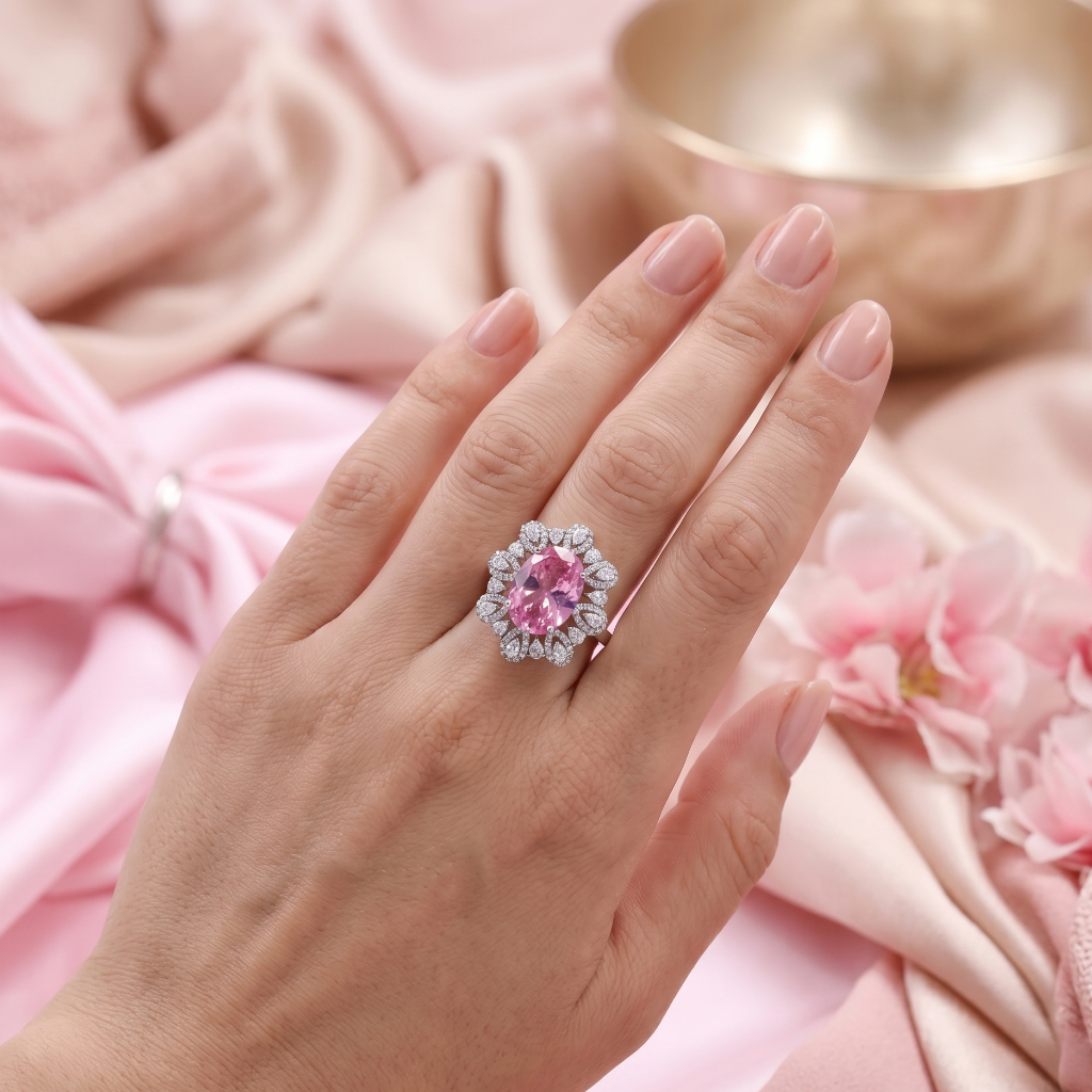 The Rose That Kept Her Secret pink oval gemstone halo ring with sparkling zircon petals by Kohizen