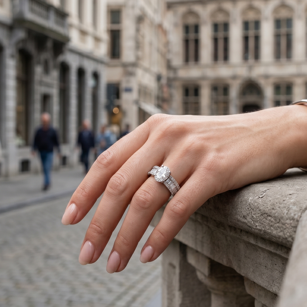 Hand with a diamond ring on a stone ledge in an urban setting