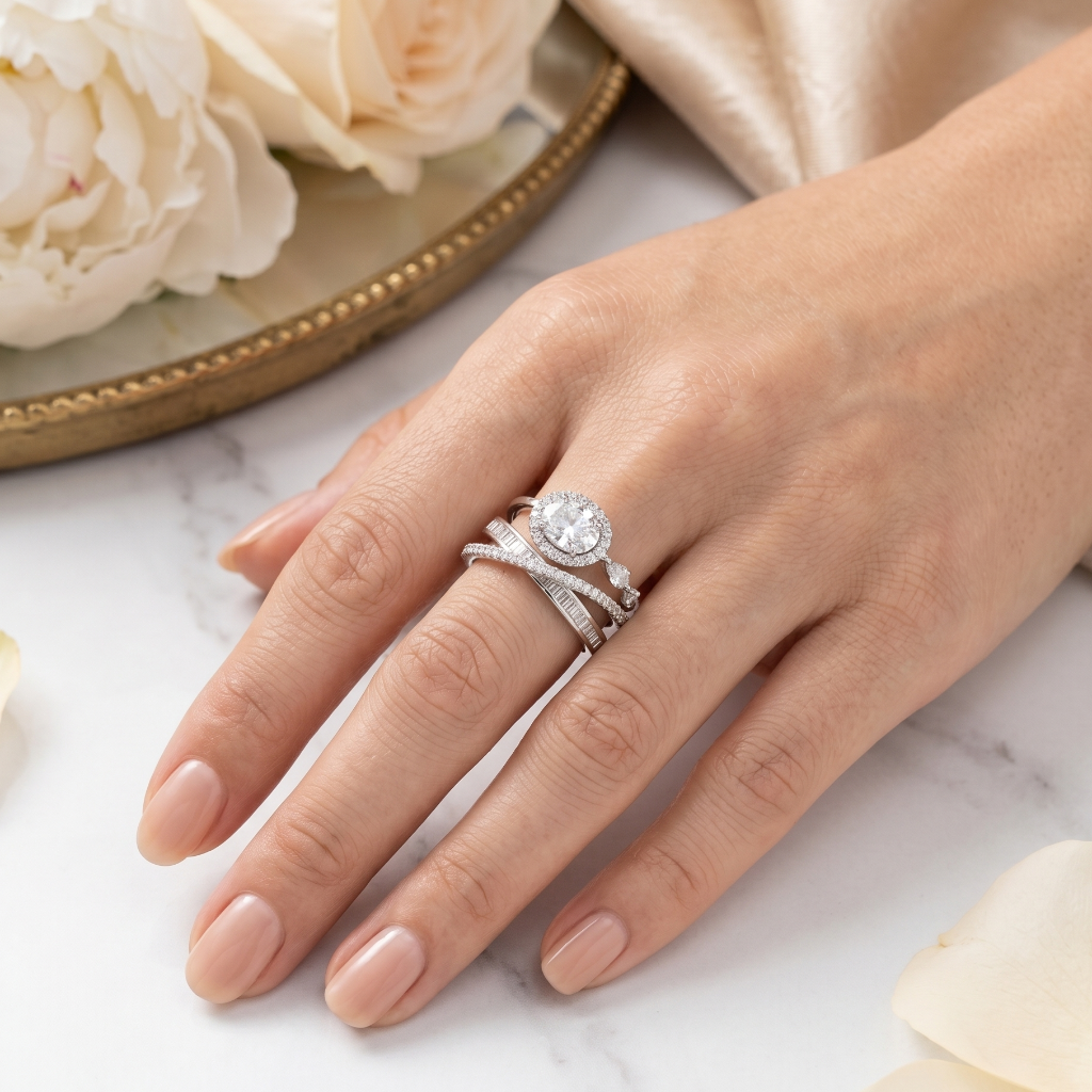 The Moment The Stars Agreed adjustable silver ring featuring an oval-cut crystal centerpiece, zircon halo detailing, and crossing bands in premium 316L stainless steel by Kohizen