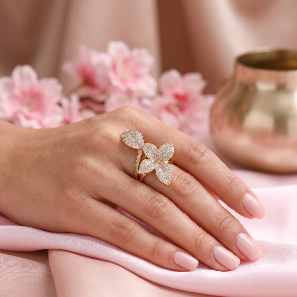The Flower That Traveled To Find You adjustable gold floral statement ring featuring sparkling zircon petals and anti-tarnish craftsmanship by Kohizen