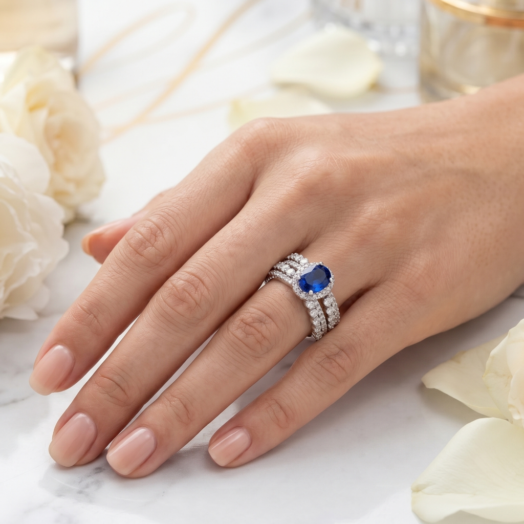 The Sapphire Beneath The Tides adjustable ring featuring a sapphire blue crystal centerpiece with brilliant zircon halo detailing in premium 316L stainless steel by Kohizen