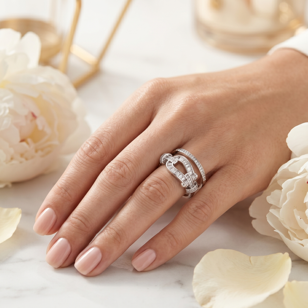 Hand wearing a silver ring with white flowers in the background