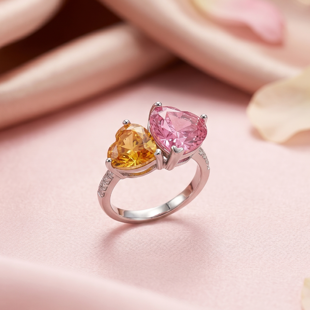 Ring with pink and orange gemstones on a soft pink fabric background