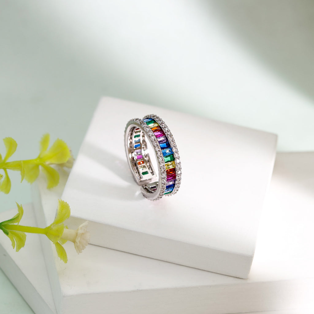 The Colors of Burano rainbow gemstone statement ring featuring colorful baguette stones and zircon detailing by Kohizen