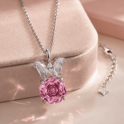 Blush Pink Rose Cut Crystal Butterfly Pendant Necklace | Luxury Necklace by Kohizen