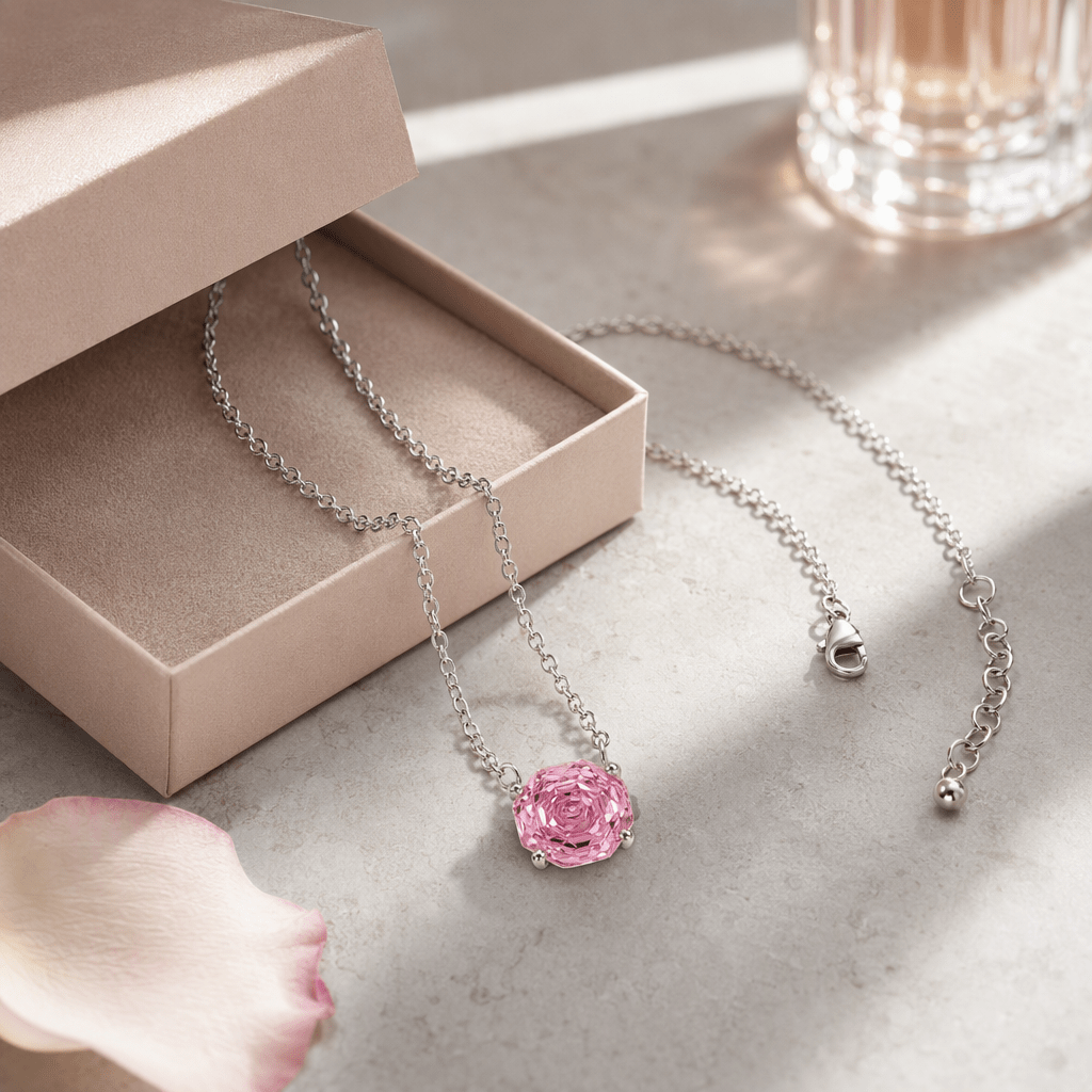 Blush Pink Rose Cut Crystal Pendant Necklace | Luxury Necklace by Kohizen