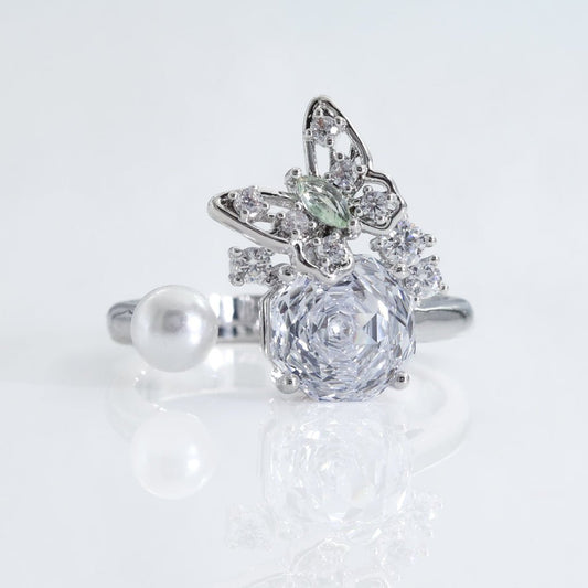 Clear Rose Cut Crystal Butterfly Pearl Ring | Luxury Rings by Kohizen