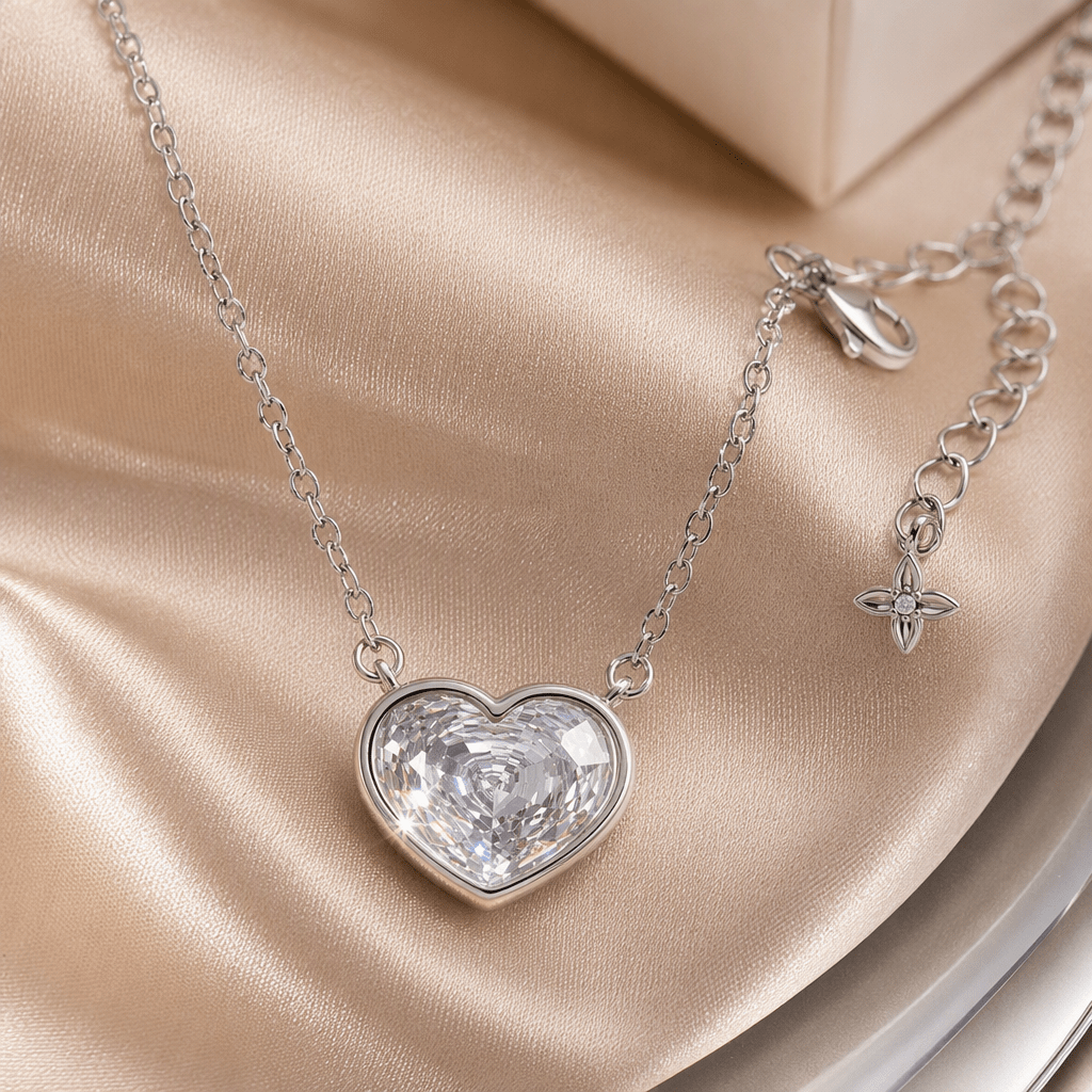 Clear Zirconia Solitaire Rose Cut Heart Necklace | Luxury Necklace by Kohizen