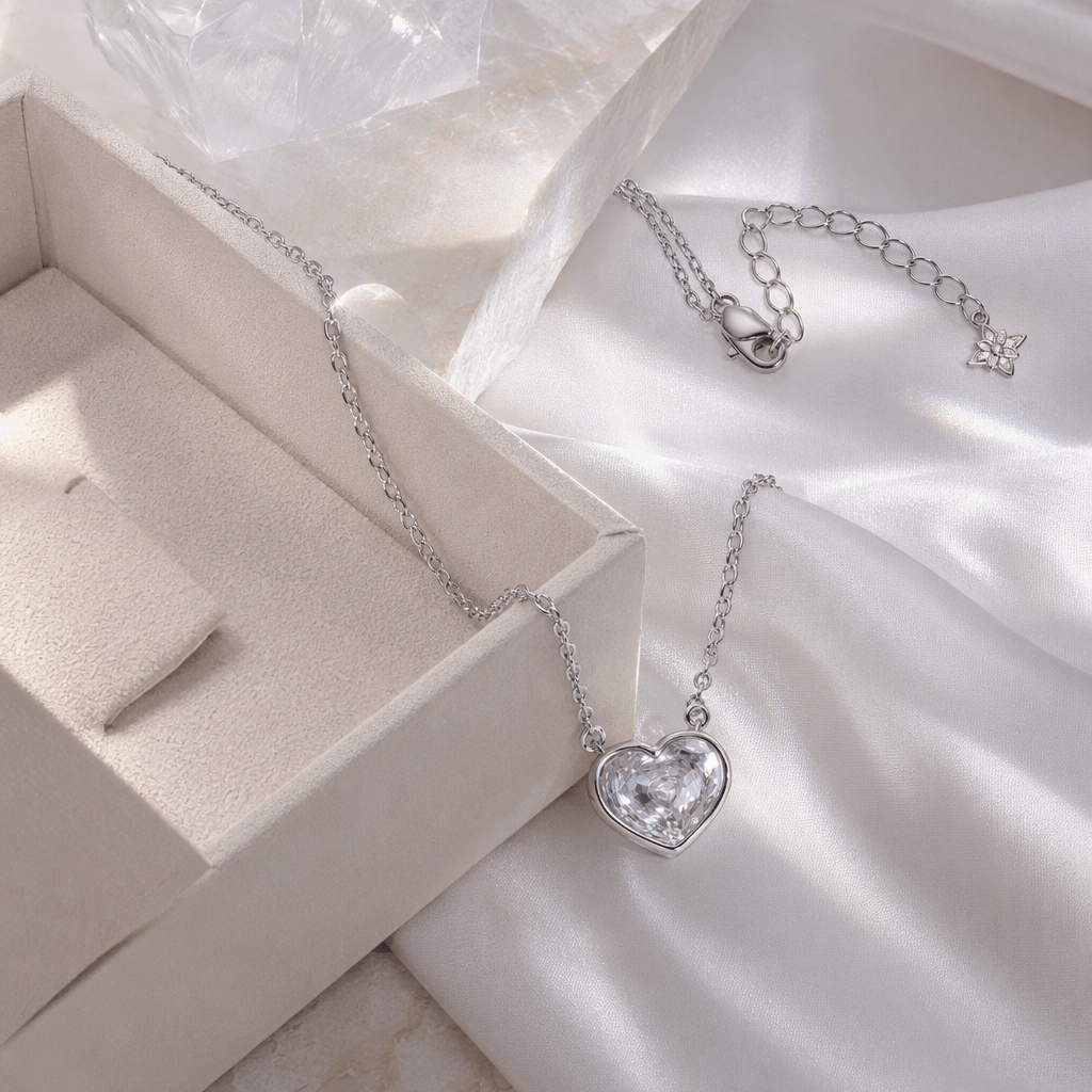 Clear Zirconia Solitaire Rose Cut Heart Necklace | Luxury Necklace by Kohizen