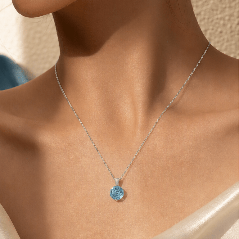 Ocean Blue Rose Cut Crystal Pendant Necklace | Luxury Necklace by Kohizen