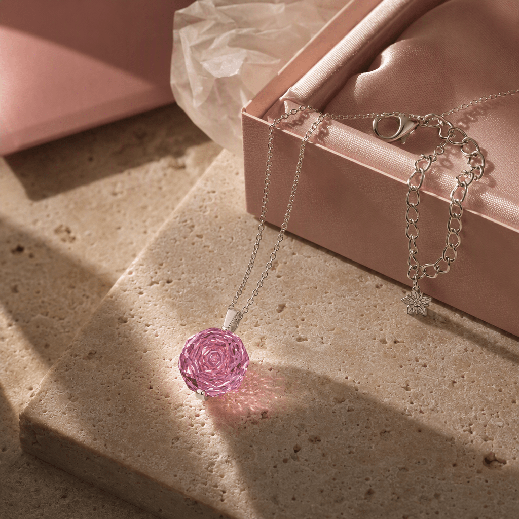 Pink Rose Cut Crystal Pendant Necklace | Luxury Necklace by Kohizen