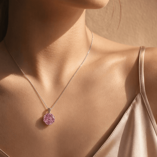 Pink Rose Cut Crystal Pendant Necklace | Luxury Necklace by Kohizen