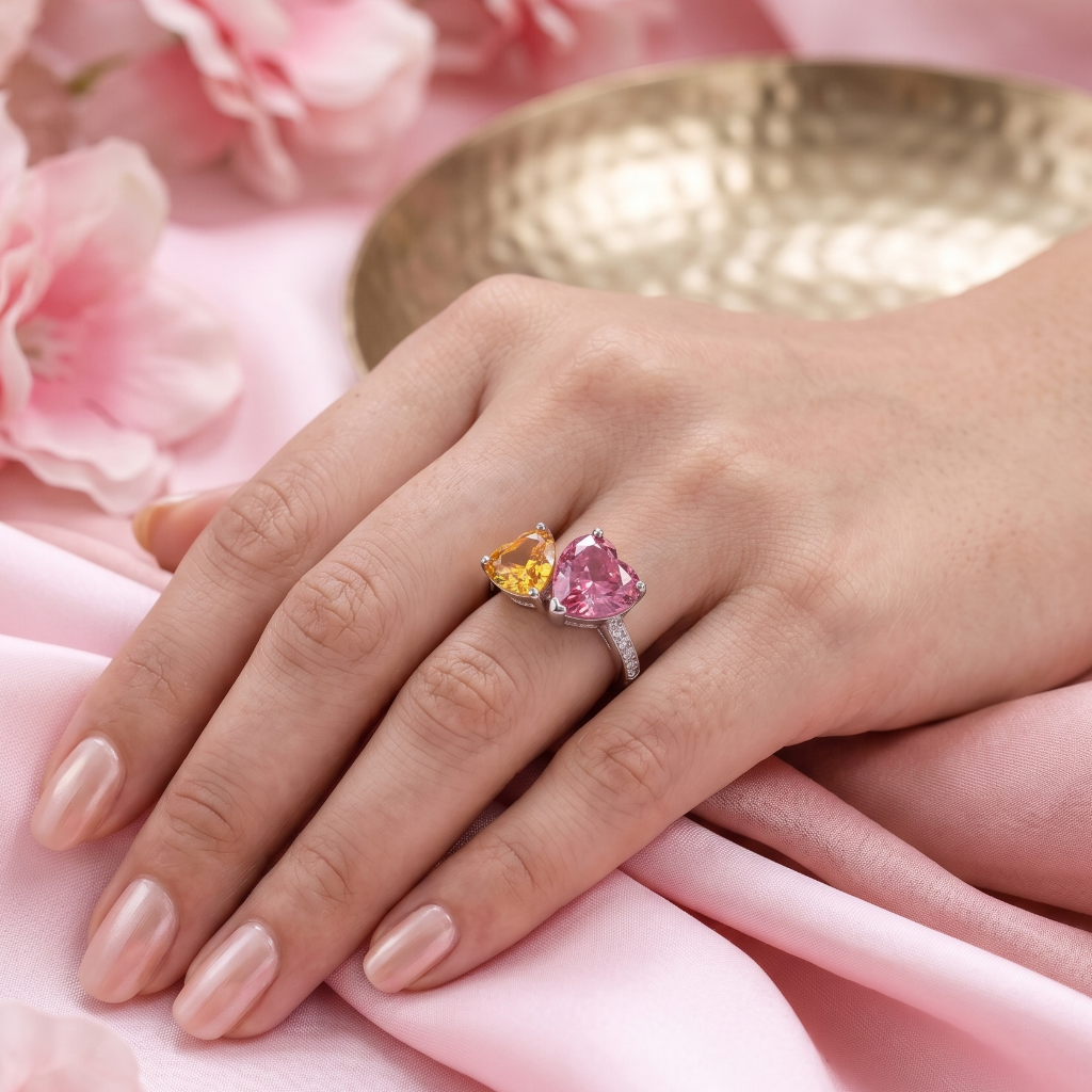When Two Seasons Fell In Love adjustable ring featuring pink and yellow heart-cut crystals in premium stainless steel by Kohizen
