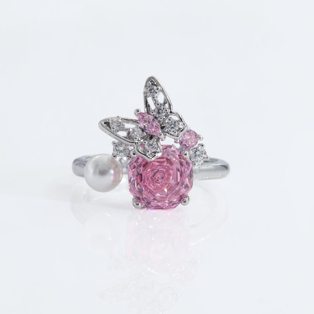 Rose Quartz Rose Cut Crystal Butterfly Pearl Ring | Luxury Rings by Kohizen