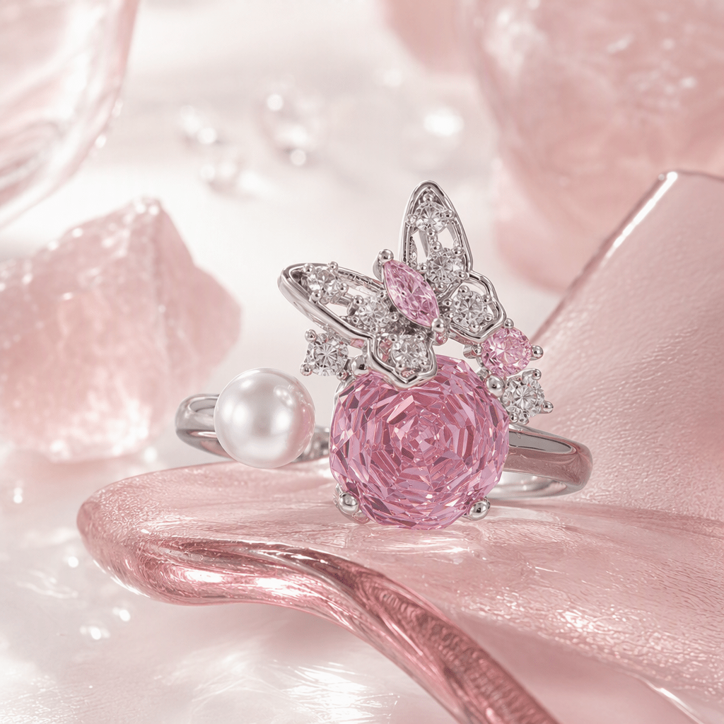 Rose Quartz Rose Cut Crystal Butterfly Pearl Ring | Luxury Rings by Kohizen