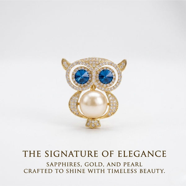 Sapphire Pearl Owl Brooch | Luxury by Kohizen