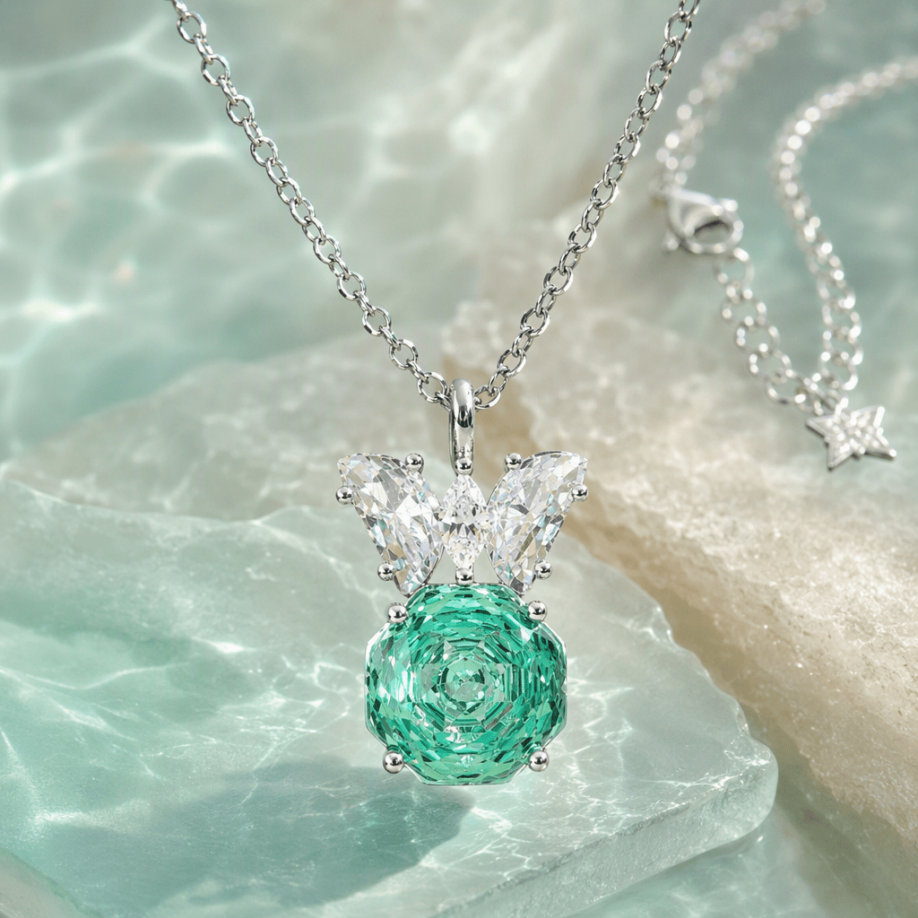 Sea Foam Mint Rose Cut Crystal Butterfly Pendant Necklace | Luxury Necklace by Kohizen