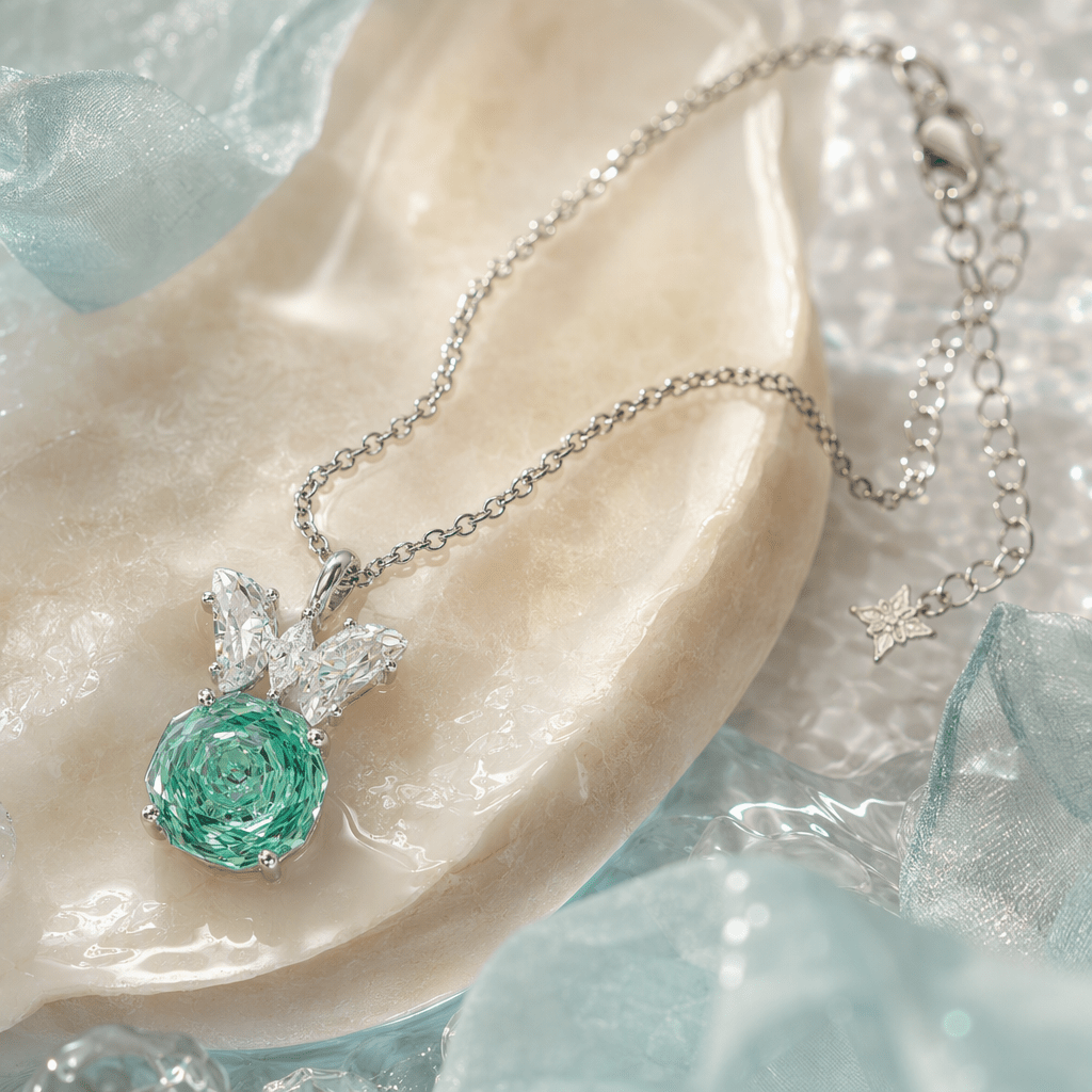 Sea Foam Mint Rose Cut Crystal Butterfly Pendant Necklace | Luxury Necklace by Kohizen