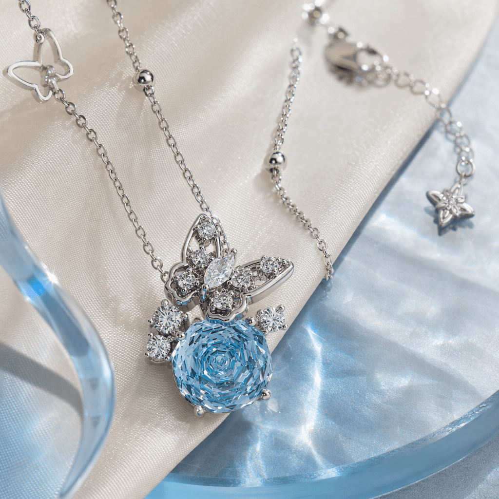 Sky Blue Rose Cut Crystal Butterfly Pendant Necklace | Luxury Necklace by Kohizen