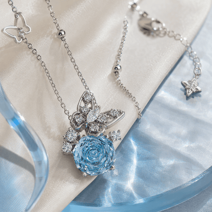 Sky Blue Rose Cut Crystal Butterfly Pendant Necklace | Luxury Necklace by Kohizen