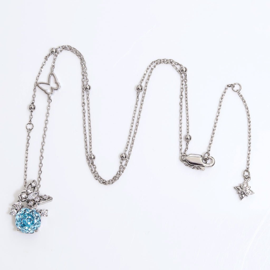 Sky Blue Rose Cut Crystal Butterfly Pendant Necklace | Luxury Necklace by Kohizen