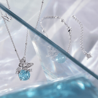 Sky Blue Rose Cut Crystal Butterfly Pendant Necklace | Luxury Necklace by Kohizen