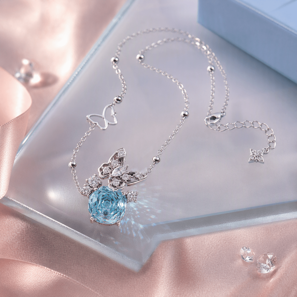 Sky Blue Rose Cut Crystal Butterfly Pendant Necklace | Luxury Necklace by Kohizen