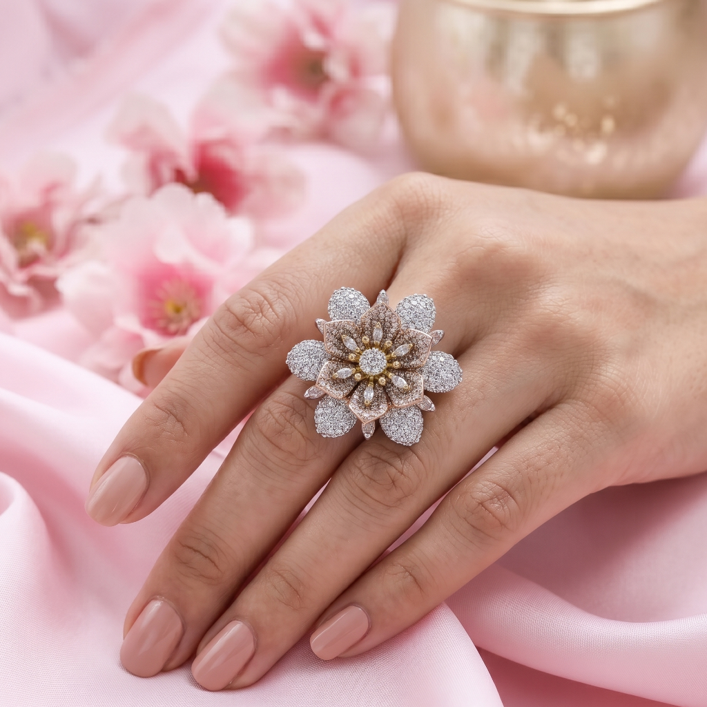 The Bloom That Gathered Three Seasons floral statement ring featuring silver, rose gold, and gold crystal petals with sparkling zircon detailing by Kohizen