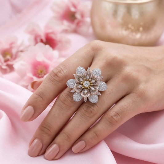 The Bloom That Gathered Three Seasons floral statement ring featuring silver, rose gold, and gold crystal petals with sparkling zircon detailing by Kohizen