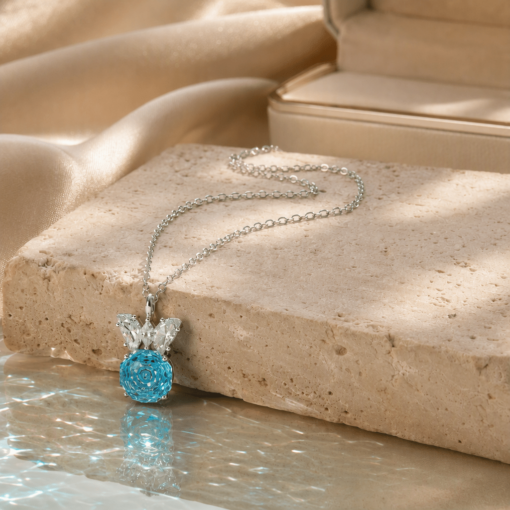 Turquoise Blue Rose Cut Crystal Pendant Necklace | Luxury Necklace by Kohizen