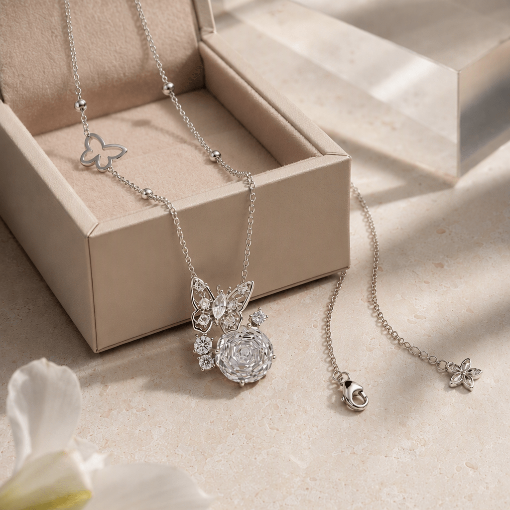 Zirconia Crystal Rose Cut Butterfly Pendant Necklace | Luxury Necklace by Kohizen